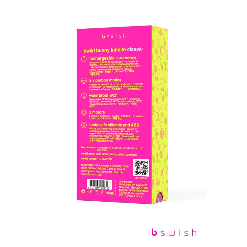 Bwild classic bunny infinite - rabbit vibrator, Pink -  box back view | Flirtybay.com.au